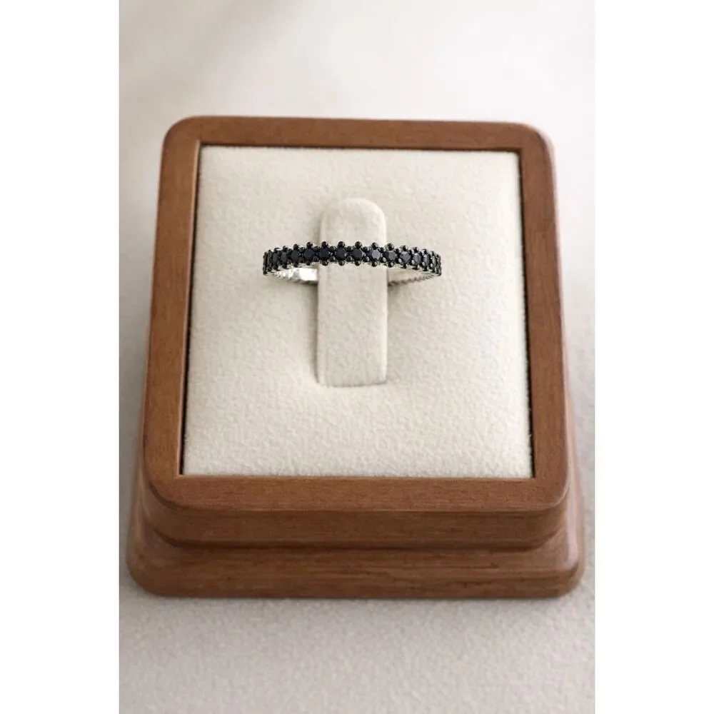 Striking Black Gemstone Eternity Band - Slim Sterling Silver Stacking Ring Size